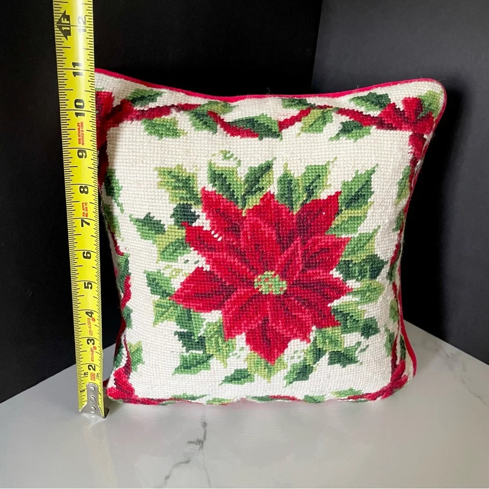 Poinsettia Needlepoint Holiday Pillow